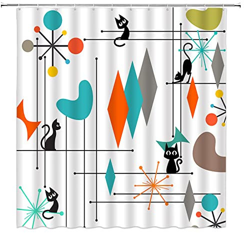 NYDSZNE Mid Century Modern Shower Curtain Black Cat Retro Atomic Starbursts Stars Modern Teal Orange Geometric Iconic Kitty Animal 1950s 1960s Vintage Bathroom Fabric Curtain with Hooks