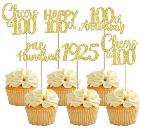 Xsstarmi 30 Pack Glitter 100th Birthday Cupcake Toppers One Hundred Since 1925 Cheers to 100 Cupcake Picks for Happy 100th Birthday Anniversary Party Cake Decorations Gold