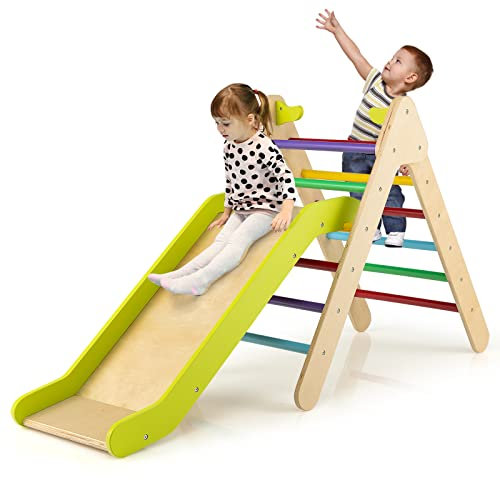 COSTWAY Toddler Climbing Frame, Kids Wooden Montessori Triangle Climber with Adjustable Ramp, Indoor Play Gym for Boys Girls