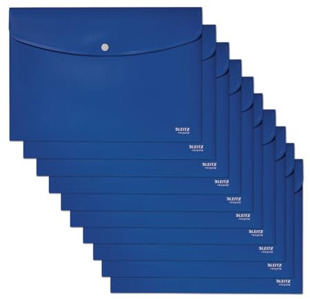 Leitz Recycle Sammelmappe A4, 10er Pack, Für 60 Blatt, Ordner mit Knopfverschluss, 100 % recycelbar, Umweltfreundlich, Recycle Serie, Blau, 46780035