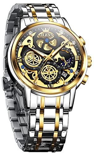 OLEVS Herrenuhren Schwarz Edelstahl Skelettuhren Chronograph Japanische Quarz Männer mit Diamant Gesicht Leuchtend Wasserdicht Modisch Lässige Business Armbanduhr