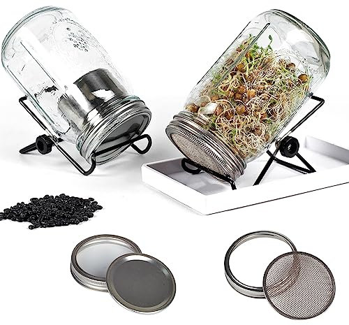LLMENGEN Sprouting Jar Kit, Seed Sprouting Kit Matching Salad Dressing Containers, 2 PCS Wide Mouth Mason Jars, Stainless Steel Screen Sprout Lids, Blackout Sleeves, Tray, Stand (UK)