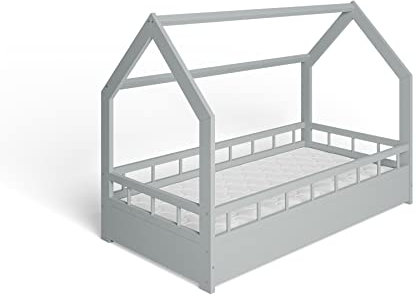 ms factory Hausbett mit Matratze Kinderbett 80x160 cm mit Rausfallschutz und Lattenrost - Einzelbett aus Kiefernholz für Mädchen und Junge - Grau