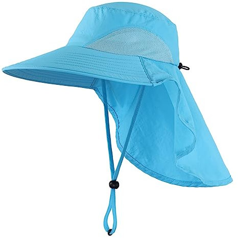 Magracy Herren Damen Outdoor-Sonnenhut mit Nackenklappe breiter Krempe Netzstoff UV-Schutz Hut Gartenarbeit Angelhüte Wasserblau