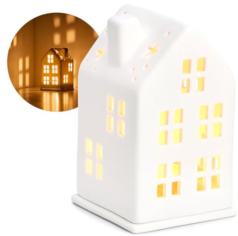 COM-FOUR® Tea Light House - Casa in Porcellana Opaca con Base per Tea Light - Casa Luminosa - Elegante Decorazione della Stanza a Forma di Casa (12,5 cm)