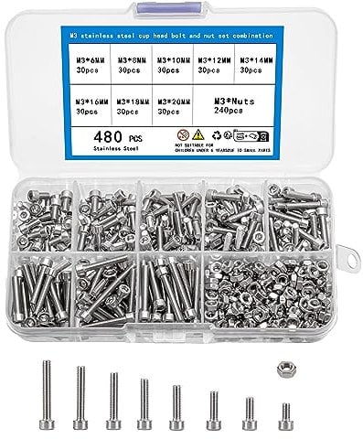 KOXXIAMOQ 480 pièces M3 Vis métriques, Ensemble de vis à tête cylindrique avec clé allen, Vis et écrous de vélo, Vis à métaux, Assortiment de vis à filetage, Vis en acier inoxydable
