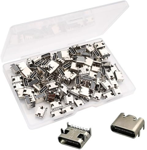 VISSQH 100 pcs Mini connecteurs USB de Type C,Prise USB-3.1Femelle 180 degrés 6 Broches SMD SMT Connecteur USB à Souder pour Bricolage,Alimentation USB,câble d'alimentation,SMD, SMT
