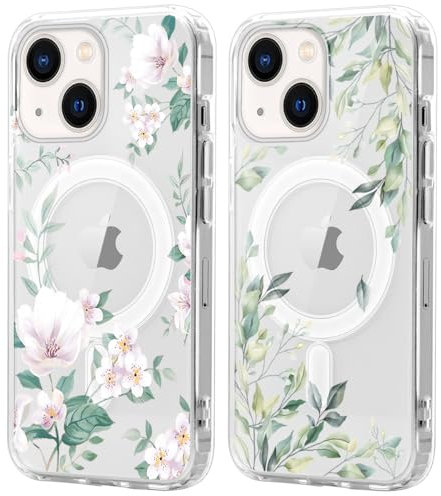 Xylota 2 Stück Magnetisch Hülle für iPhone 14/iPhone 13 6.1 '' [Kompatibel mit MagSafe], Blumen Muster Mädchen Aesthetic Design Klare Handyhülle, TPU Stoßfeste Transparent Schutzhülle für iPhone 13