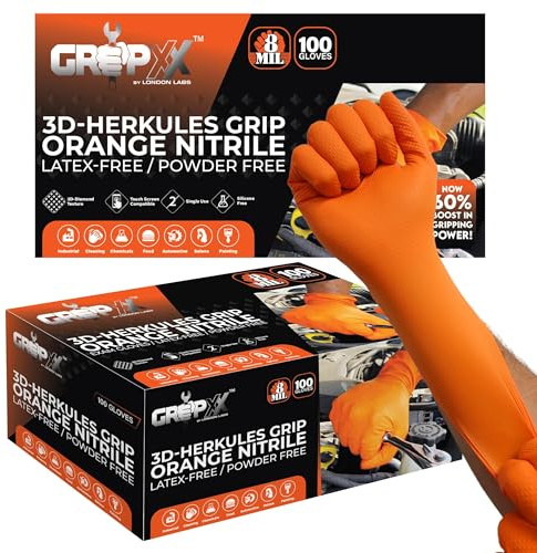 GRIPXX Herkules Grip 8mm Orange Nitrile Gloves, 3D Embossed Diamond Texture, Latex & Powder Free, Industrial, Mechanical (2, XL)