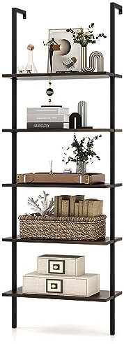 COSTWAY Leiterregal mit 5 Ebenen, Bücherregal mit goldenem Metallrahmen, Standregal modern, für Heimbüro, Wohnzimmer, 60 x 30 x 180 cm (Vintage)