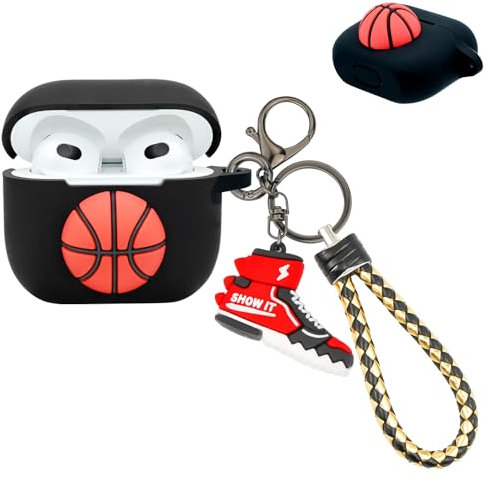 Wonhibo Basketball-Schutzhülle für Airpods 3. Generation 2021, für Herren und Jungen, sportlich, cooles Schwarz, mit Schlüsselanhänger