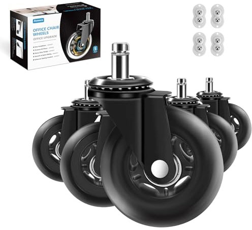 Office Chair Wheels Replacement Set of 5-Rubber Chair Casters for Hardwood Floors and Carpet, 3 inch Heavy Duty Wheel Soft, Quiet, Rolling, Fits Most of Gaming & Office Chairs (Black)