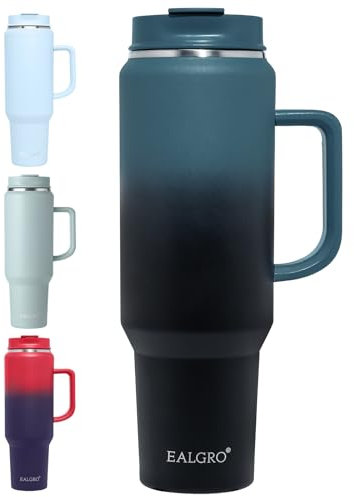 EALGRO Vaso de 50 onzas con asa, vasos aislados con tapa y popote, jarra grande de metal para botella de agua deportiva, taza de café térmica de acero inoxidable, taza de café de viaje, color negro y