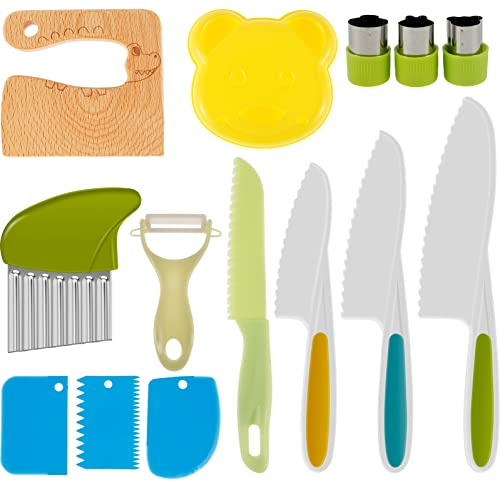14PCS Mini Chef Knife Set for Kids,Toddler Knife for Chopping Kids Safety Knives Kitchen Knife Set Plastic Kids Cutting Knife Set Cooking Knives with Potato Slicer,Serrated Edges Cutters,Cutting Board