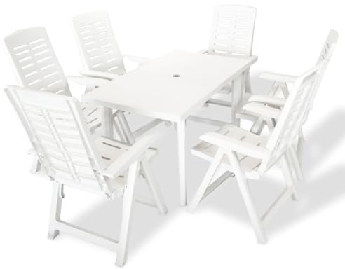 Makastle 7-TLG. Gartenmöbel Set Stühle mit Tisch, Garten Sitzgruppe für 6 Personen, Essgruppe Sitzgarnitur Gartengarnitur Garten Loungemöbel für Terrasse und Balkon, Kunststoff Weiß