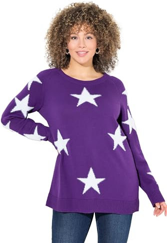 Ulla Popken Damen Pullover, Glitzersterne, Rundhals, Raglan-Langarm, Dunkles Violett, 54-56 EU