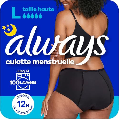 Always - Culotte Menstruelle Lavable Nuit, L, 42-44, 1 Sous-vêtement Menstruel, Noir, Flux Moyen À Abondant, Réutilisable Jusqu’à 100 Lavages, Jusqu’à 12h De Protection, Confort Toute la Nuit