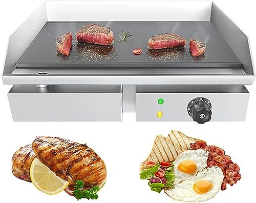 SmPinnaA 3000W Electric Countertop Griddle Grill, 0-300°C Adjustable Chef Thermostatic Control Stainless Steel Flat Top Hot Plate BBQ, for Pancake, Meat and Vegetable