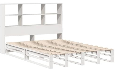 vidaXL Massivholzbett, Bett mit Bücherregal ohne Matratze, Holzbett Bettgestell mit Lattenrost, Palettenbett Doppelbett für Schlafzimmer, Weiß 120x200cm