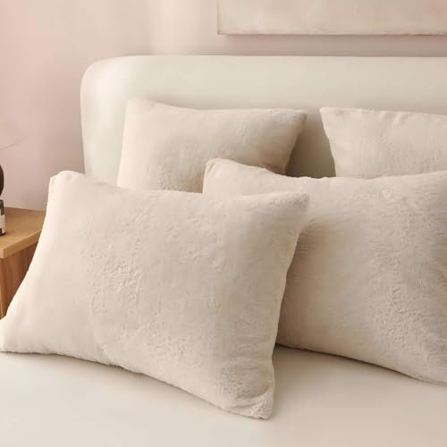 Freyamy Plüsch Kissenbezug 40x80cm 2er Set Beige Nicky Teddy Fleece Kopfkissenbezug Flanell Fleece Samt Biber Kissenhülle Warme Cashmere Touch Zierkissenbezug