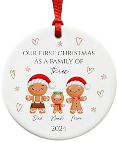 Our First Christmas As a Family of Three Ornament - Ceramic Gingerbread Man Christmas Tree Bauble Decoration Keepsake 2025 - New Baby Gift - New Parents Present