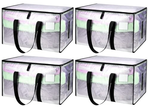 Zhufas 4 Piezas Bolsas Almacenaje Ropa de 90 L con Tapa Caja de mudanza Transparente Almacenamiento de Ropa Grande Bolsa de Mudanza con Asa para Guardar y organizar