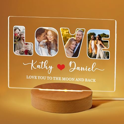 Personalised Girlfriend Boyfriend Photo Gifts Photo for Christmas Valentines Day Acrylic Plaque Personalised Night Lights Picture Frame for Christmas Birthday Couples Gifts (Love)