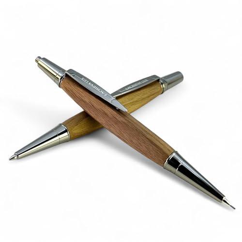 LACHIEVA LUX Stylo à bille et porte-mine en bois de noyer - Poignée triangulaire - Cadeau de luxe pour homme et femme - Recharges et coffret cadeau inclus