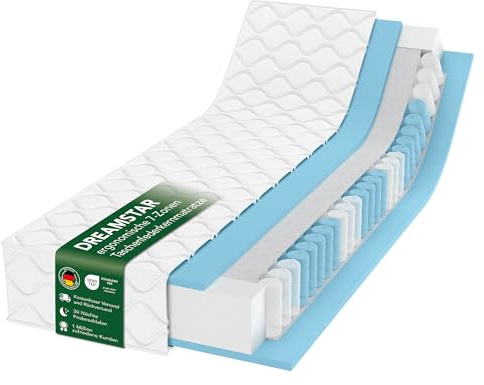 DREAMSTAR Ergo Flex XXL Duo Taschenfederkernmatratze 180x200cm | Ergonomische 7-Zonen Matratze | Öko-TEX® | H2 (0-80kg) & H3 (80-100kg) | Hypoallergen & Antibakteriell | 22 cm hoch 180 x 200 cm