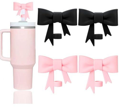 4 PCS Straw Cover, Stanley Cup Accessories, Cute Bow Straw Covers, Straw Cover Suitable for Camping, Tourism, Reusable Silicone Straw Tips, for Outdoor Activities Walking (Black+Pink)