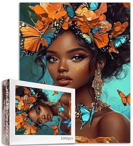 Black Girl 1000 Piece Jigsaw Puzzles for Adult Africa Girl with Flowers Painting Jigsaw Puzzle African Woman 1000 Pieces Puzzles Game Butterfly Art Home Wall Decor DIY Craft Puzzle Art Gift(Colorful)