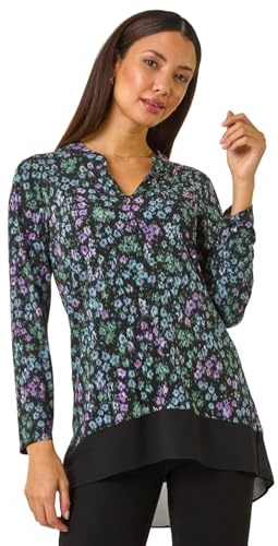 Roman Originals Floral Print V-Neck Tunic Top for Women UK - Ladies Everyday Autumn Winter V-Neckline Comfy Soft Evening Vacation Work Party Night Out - Noir Floral - Size 14