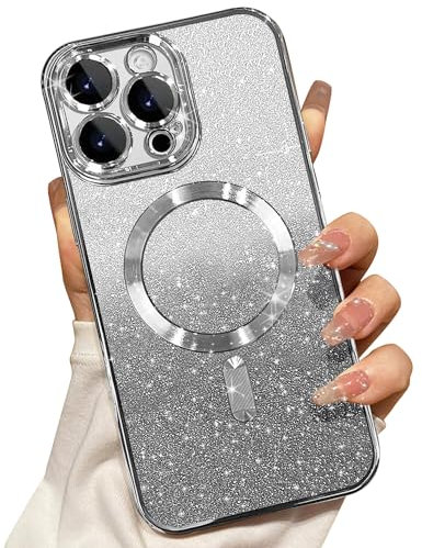 Misscase Magnetisch Hülle Kompatibel für iPhone 14 Pro, Glitzer Verlauf Handyhülle Kompatibel mit MagSafe, Stoßfest Anti-Kratzen mit Kamera Objektivschutz Niedliche Silikon Schutzhülle-Silber
