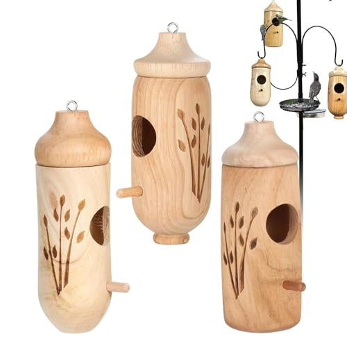 Wooden Hummingbird House Set, 3-Pack Handmade Hummingbird Nesting Caves, Natural Bird Hut Breeding Shelter for Garden, Balcony, Porch, and Tree Trunks, 4.92x2.95x1.97 Inches