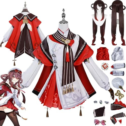 bbganlian Genshin Impact Hu Tao Neue Haut Cosplay Kostüm Outfit Spielcharakter Uniform Komplettes Set Halloween Karneval Party Dress Up Anzug mit Perücke Hut Brille für Frauen (XL)