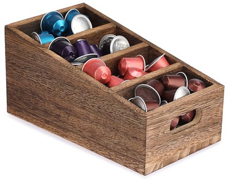 IGNPION 4-Compartment Wooden Divided Storage Basket, Stairstep Kitchen Cabinets Organiser - Coffee Bar Station Holder Box for Coffee Capsules, Tea Bag, Sweetener, Snack, Condiments Packet