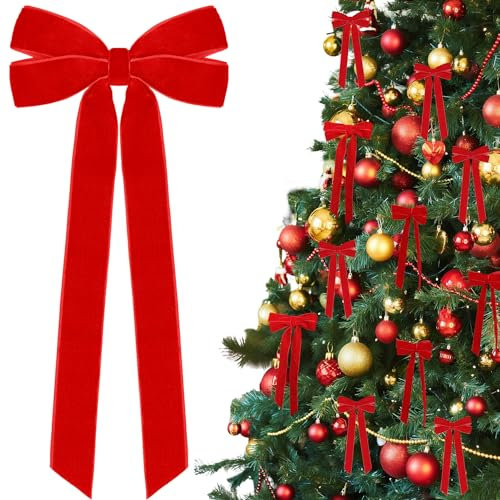 12Pcs Red Velvet Ribbon Bows Christmas Tree Decorations,5in x 10in Xmas Ornaments for Tree Home Party Front Door Wreath Holiday Decor