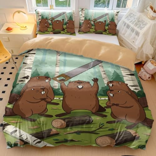 Funny Cartoon Beaver Print Duvet Cover Set - Microfiber Kids Bedding (2,King + 50 x 75cm x2)