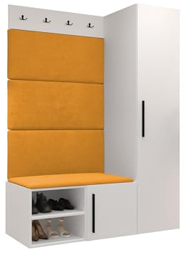 Mirjan24 Garderoben-Set Mapreni II, Schuhschrank + Kleiderhakenbrett + Kleiderschrank Gepolstertes Paneel/Wandpaneel Kleiderhaken Flurgarderobe Wandgarderobe (Weiß, Manila 32)
