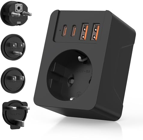 Adaptador Enchufe Universal, THUNIX Adaptador de Viaje con 2 USB-C(PD 20W) y 2 USB-A, Enchufe de Viaje Universal Travel Plugs para EU, Reino Unido, Americano, Canadá, Japan, Más de 180 Países(Negro)