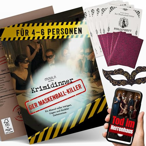 Krimidinner Spiel 4–6 Personen ab 14 – Partyspiel Komplettset mit Masken | Spannender Spieleabend für 4–6 · ab 14 · Komplettset mit Rollen, Masken & Hinweisen · 1,5–2,5 Std. Spielzeit