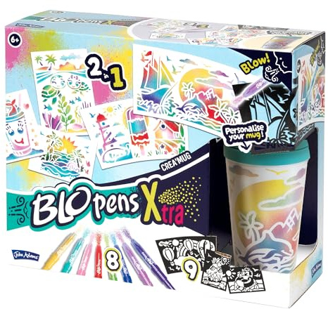 John Adams BLOPENS® Xtra Crea'Mug | Colour Your Own Travel Cup with Airbrush Art & Stencils | 8 Colourful BLOPENS & Mug for Hot & Cold Drinks | Age 6+ | Christmas or Birthday Arts & Crafts Gift