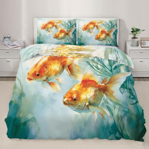 Koi-Fisch-Bettwäsche-Set für Doppelbett, Wasserfarben, Goldfisch, Teichfisch, Bettdeckenbezug mit Reißverschluss, für Schlafzimmer