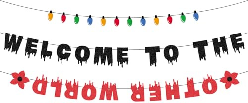 SAVITA Welcome to The Other World Banner, Verkehrt Herum Grusel Thema Party Banner Glitzer Partyzubehör für Zuhause Zimmer Wanddekoration Foto Hintergrund