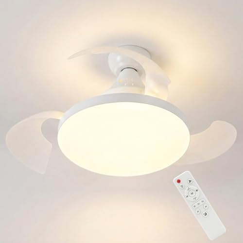 MAKA Ventilatore da Soffitto con Luce LED 22W E27, Telecomando 3 Velocità, Pale Retrattili, Motore 10W Silenzioso, 1155LM, 3000K 4000K 6500K, 220V IP20, per Bagno