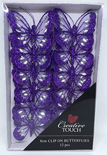 SET OF 12 Clip On Jewelled Glitter Mesh Decorative Butterflies 8cm (Purple)