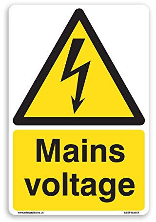 Cartello di avviso di tensione di rete, formato A5, 150 mm x 200 mm