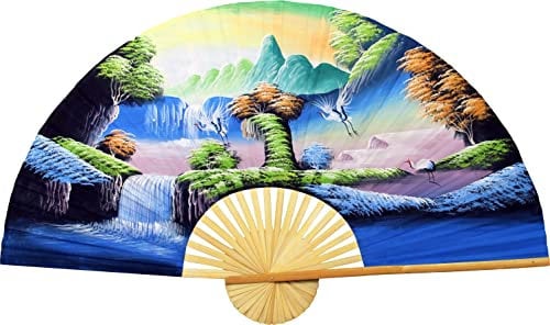 Chinese Cranes Giant Folding Wall Fan Hand-painted Decorative Wall Decor Art, Handmade Original Acrylic Landscape Painting on a Natural Bamboo Frame for Living Room or Bedroom Decoration, Rustic, Boho