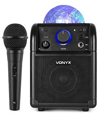 Rechargeable Bluetooth Party Speaker System with Microphone, Portable Wireless Music Player, Built-in LED Rotating RGB Disco Ball Lights, AUX Input, Echo Effect, Compact Black Design, 50W