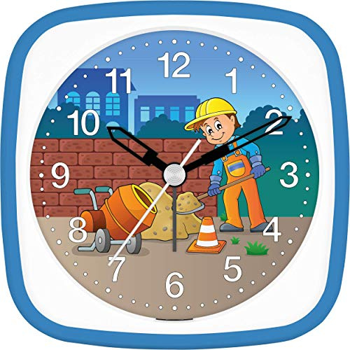 Eurotime Wecker Jungen Baustelle Bauarbeiter, Kinderwecker, Blau, Kunststoffgehäuse und Kunststoffglas, geräuscharmer Wecker, ohne Ticken, mit Licht und Weckwiederholung, 27142-08